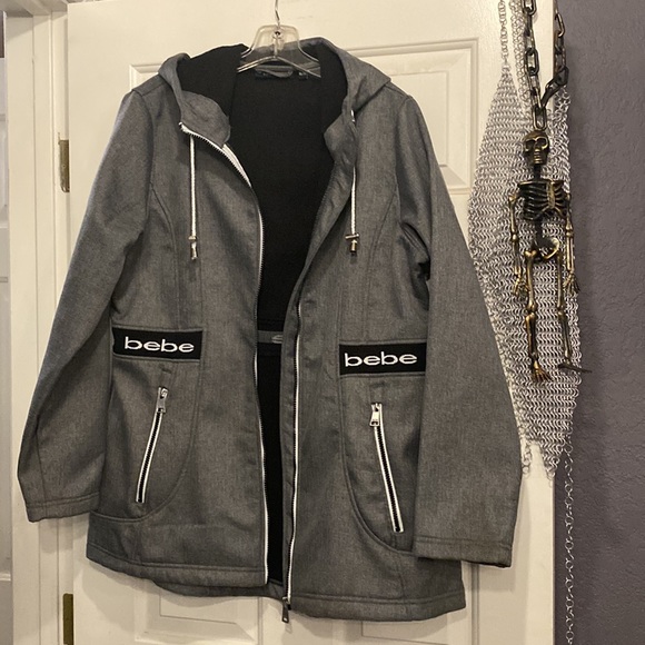 BEBE - tunic jacket: grey lined utility l/s hooded flared w pockets & logos - XL - Picture 8 of 16